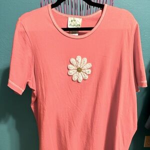 Quacker Factory scoop neck t-shirt w/ beaded daisy. Coral color. Size 1X